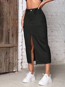 翻蓋口袋高衩牛仔半身裙 - 黑色 - 查看 3