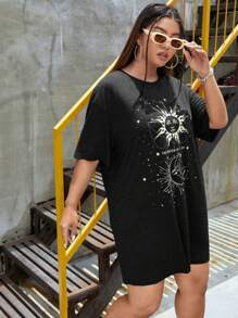 SHEIN EZwear Đầm Plus Size Thiên hà Giải trí - màu đen - Xem 3
