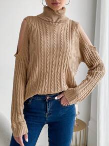 Jersey cuello alto de hombros descubiertos tejido de cable - Caqui - Ver 1