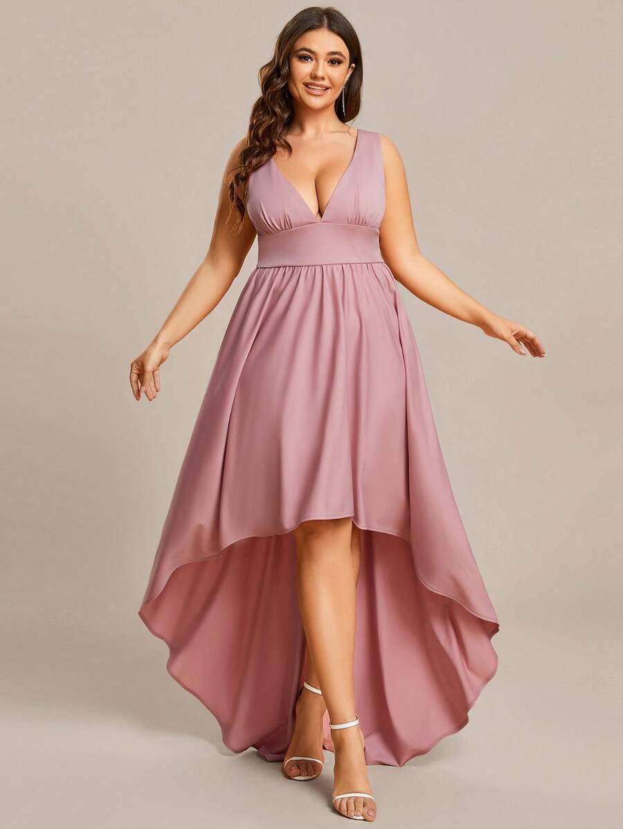 EVERPRETTY Plus Plunge Neck High Low Hem Bridesmaid Dress - Dusty Pink - View 1