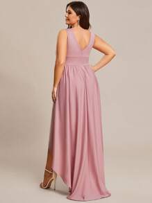 EVERPRETTY Plus Plunge Neck High Low Hem Bridesmaid Dress - Dusty Pink - View 2
