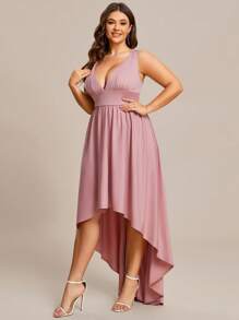 EVERPRETTY Plus Plunge Neck High Low Hem Bridesmaid Dress - Dusty Pink - View 3