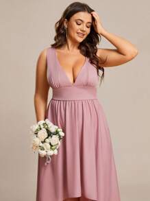 EVERPRETTY Plus Plunge Neck High Low Hem Bridesmaid Dress - Dusty Pink - View 4