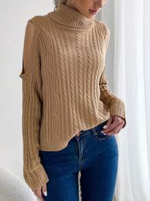 Jersey cuello alto de hombros descubiertos tejido de cable - Caqui - Ver 3