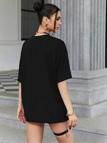 Camiseta holgada de hombros caídos con gráfico de letras, unisex - Negro - Ver 2