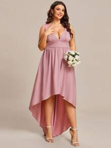 EVERPRETTY Plus Plunge Neck High Low Hem Bridesmaid Dress - Dusty Pink - View 5