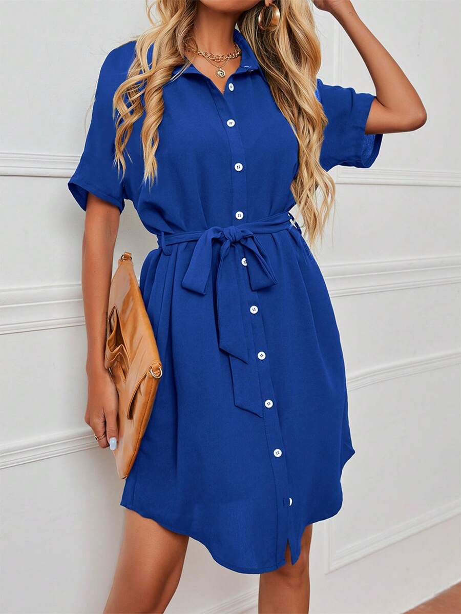 SHEIN LUNE Batwing Sleeve Belted Shirt Dress - Blue - View 1