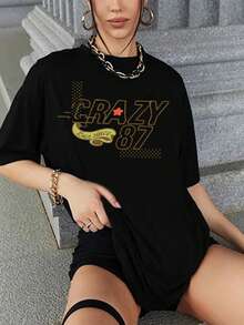Camiseta holgada de hombros caídos con gráfico de letras, unisex - Negro - Ver 3