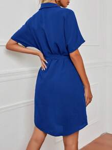 SHEIN LUNE Batwing Sleeve Belted Shirt Dress - Blue - View 2
