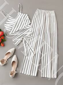 SHEIN LUNE Striped Self-Tie Cami Top & Wide-Leg Trousers Set - Black and White - View 1