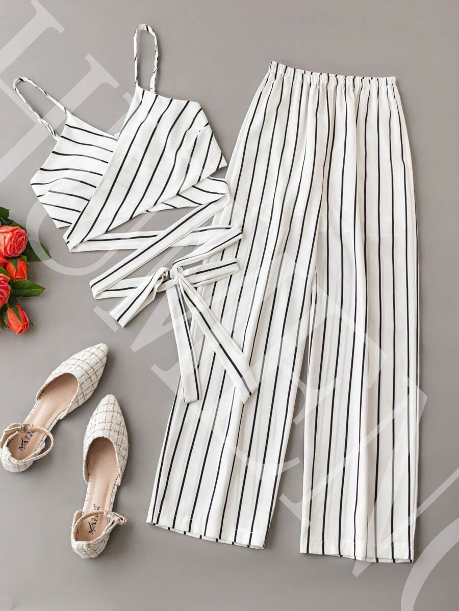 SHEIN LUNE Striped Self-Tie Cami Top & Wide-Leg Trousers Set - Black and White - View 1