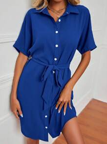 SHEIN LUNE Batwing Sleeve Belted Shirt Dress - Blue - View 3