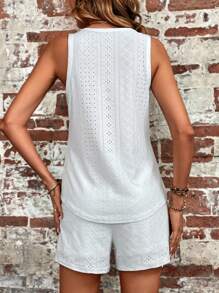 SHEIN VCAY Eyelet Embroidery Tank Top & Drawstring Waist Shorts - White - View 2