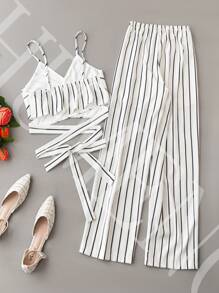 SHEIN LUNE Striped Self-Tie Cami Top & Wide-Leg Trousers Set - Black and White - View 2