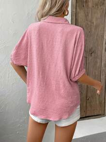 SHEIN LUNE Swiss Dot Batwing Sleeve Button Front Shirt - Pink - View 2