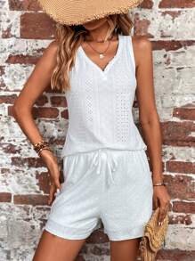 SHEIN VCAY Eyelet Embroidery Tank Top & Drawstring Waist Shorts - White - View 4
