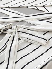 SHEIN LUNE Striped Self-Tie Cami Top & Wide-Leg Trousers Set - Black and White - View 4