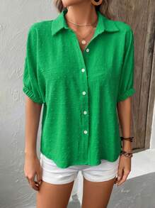 SHEIN LUNE Swiss Dot Batwing Sleeve Button Front Shirt - Green - View 3