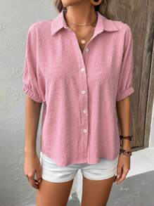 SHEIN LUNE Swiss Dot Batwing Sleeve Button Front Shirt - Pink - View 4