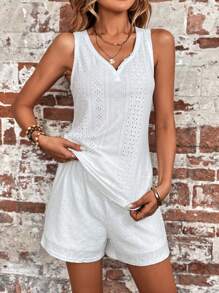 SHEIN VCAY Eyelet Embroidery Tank Top & Drawstring Waist Shorts - White - View 6