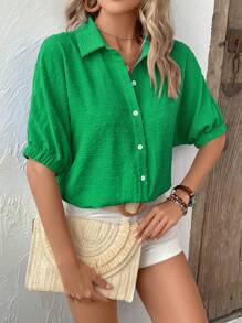 SHEIN LUNE Swiss Dot Batwing Sleeve Button Front Shirt - Green - View 4