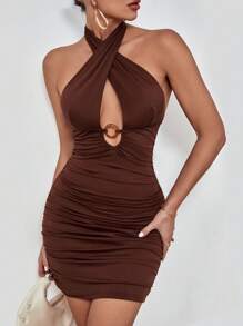 性感交叉 褶邊 露背純色女士連衣裙