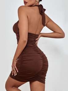 性感交叉 褶邊 露背純色女士連衣裙