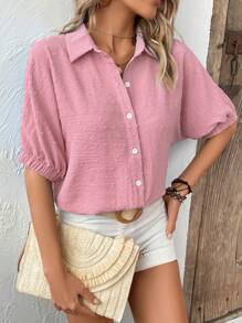 SHEIN LUNE Swiss Dot Batwing Sleeve Button Front Shirt - Pink - View 6