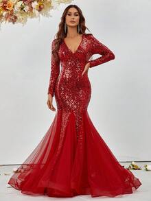 Faeriesty Deep V-Neck Sequin Mesh Hem Dress - Red - View 3