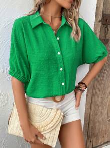 SHEIN LUNE Swiss Dot Batwing Sleeve Button Front Shirt - Green - View 7