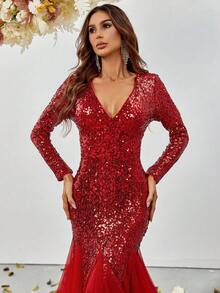 Faeriesty Deep V-Neck Sequin Mesh Hem Dress - Red - View 4