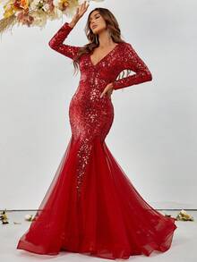 Faeriesty Deep V-Neck Sequin Mesh Hem Dress - Red - View 5