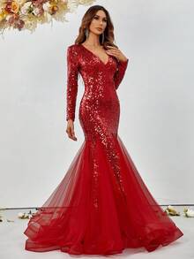 Faeriesty Deep V-Neck Sequin Mesh Hem Dress - Red - View 6