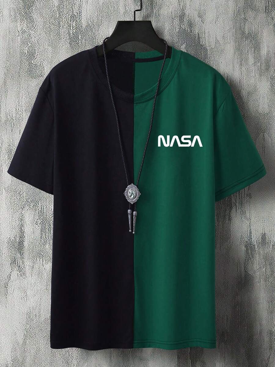 Manfinity Homme Men Plus Letter Graphic Two Tone Tee - Multicolor - View 1