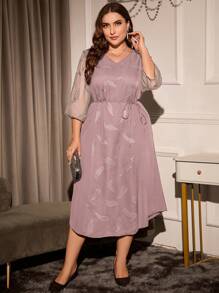 SHEIN Clasi Plus Feather Jacquard Contrast Mesh Belted Dress - Dusty Pink - View 3