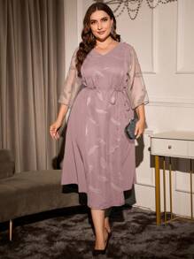 SHEIN Clasi Plus Feather Jacquard Contrast Mesh Belted Dress - Dusty Pink - View 4