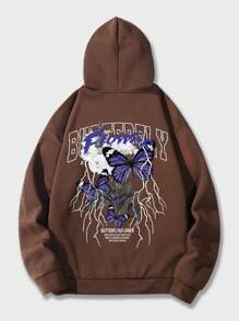 ROMWE MEN 男士蝴蝶印花帶帽保暖連帽衫 - 咖啡棕 - 查看 1