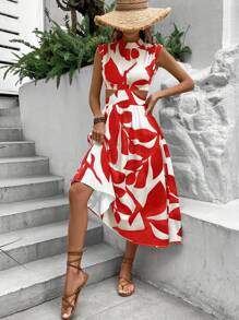 SHEIN VCAY 植物圖案鏤空A字連衣裙 - 紅白色 - 查看 4