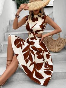 SHEIN VCAY 樹葉印花腰部鏤空荷葉邊連衣裙 - 咖啡棕 - 查看 5