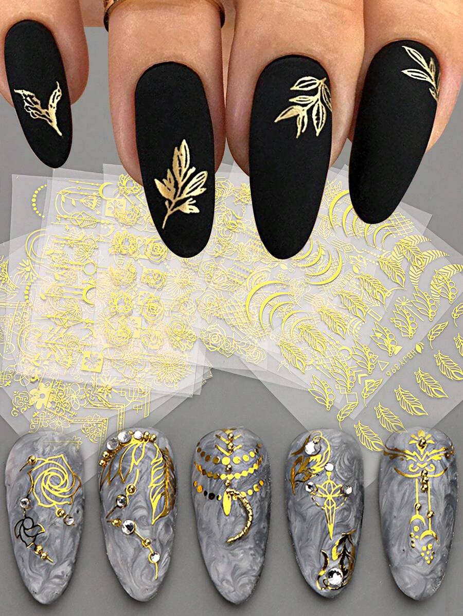 FULL BEAUTY 12片花卉和葉子圖案美甲貼紙，美甲貼紙DIY - 金色 - 查看 1