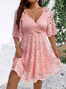 Celure Đầm Plus Size Trọn gói màu trơn Thanh lịch - Hồng - Xem 1