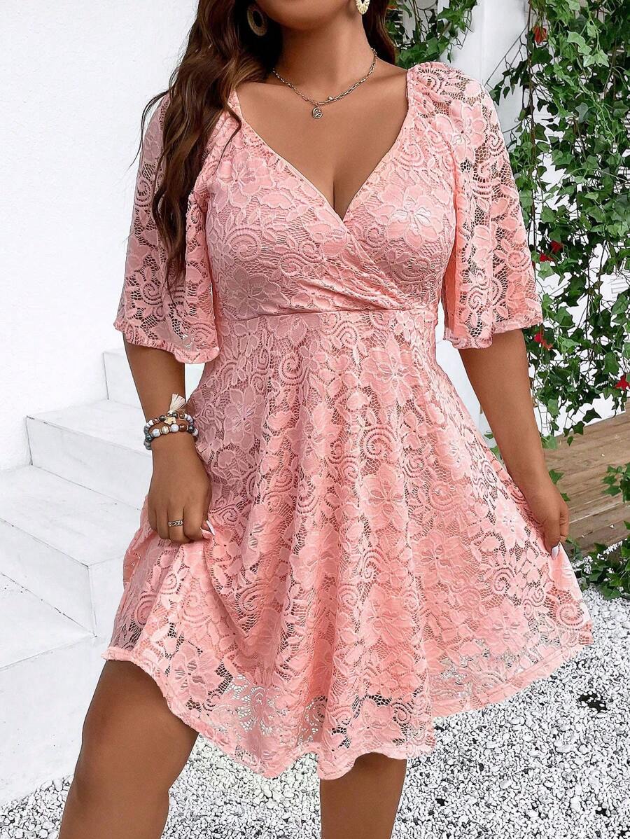 Celure Đầm Plus Size Trọn gói màu trơn Thanh lịch - Hồng - Xem 1