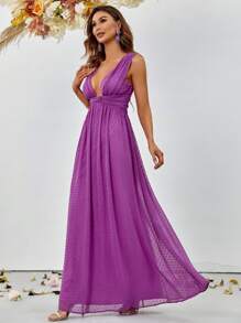 圓點深V領網紗覆蓋洋裝