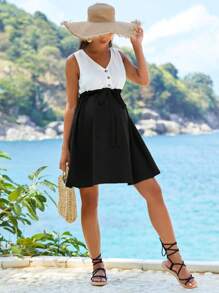 SHEIN Váy Bà bầu Dây kéo Nút phía trước Khối Màu Giải trí - Đen và trắng - Xem 1