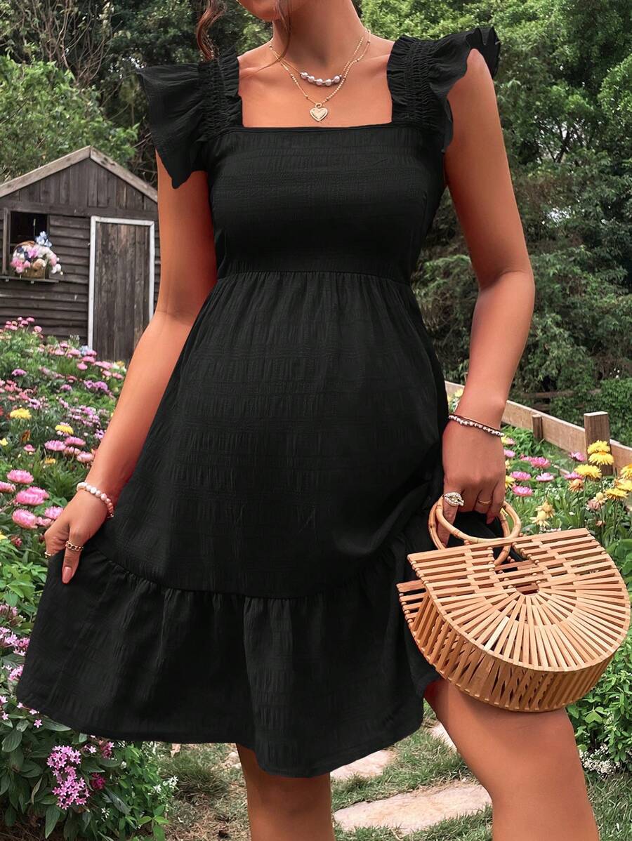 SHEIN Maternity Square Neck Ruffle Trim Dress - Black - View 1