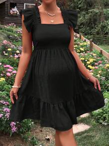SHEIN Maternity Square Neck Ruffle Trim Dress - Black - View 5
