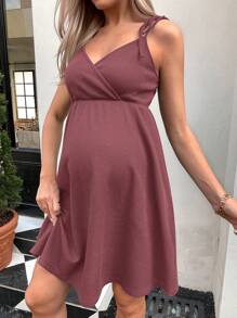 SHEIN 孕婦素色肩上打結吊帶連衣裙 - 紅木色 - 查看 4