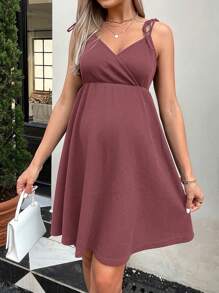 SHEIN 孕婦素色肩上打結吊帶連衣裙 - 紅木色 - 查看 5