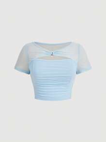 SHEIN MOD Áo thun Plus size Tương phản Mesh Cắt ra Xù cắt màu trơn Giải trí - Màu xanh nhạt - Xem 1