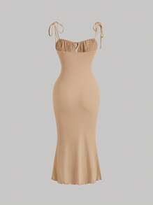 SHEIN MOD Tie Front Ruched Bust Tie Shoulder Cami Dress - Khaki - View 2